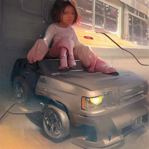 Prompt: close up of child's hand attaching a star - shaped sticker to a truck, digital art by ruan jia and mandy jurgens and artgerm, highly detailed, trending on artstation, award winning