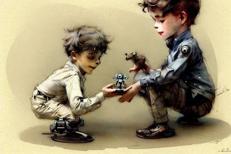 Image similar to ( ( ( ( ( 1 9 5 0 s boy and his small pet robot. muted colors. ) ) ) ) ) by jean - baptiste monge!!!!!!!!!!!!!!!!!!!!!!!!!!!