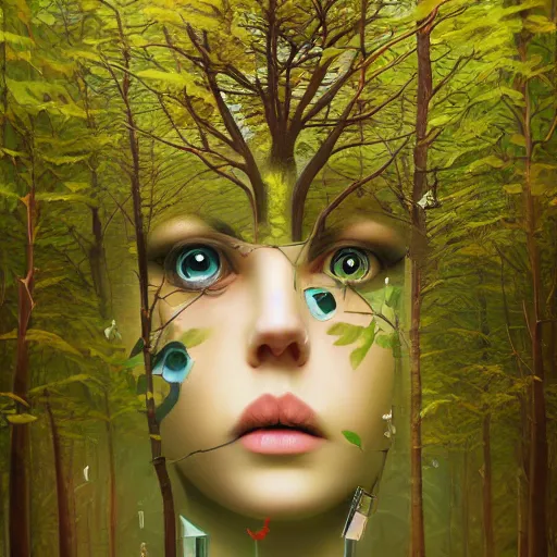 Image similar to a surreal painting of a woman's face surrounded by trees, cyberpunk art by gediminas pranckevicius, behance contest winner, psychedelic art, dystopian art, sci - fi, surrealist