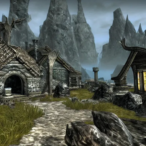 Prompt: The world of Skyrim in Playstation 1 graphics