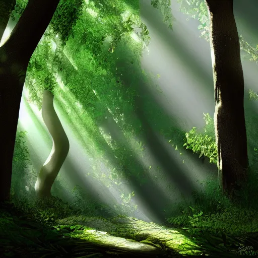 Prompt: A lush green forest in the morning; rays of light coming through the canopy; trending on artstation