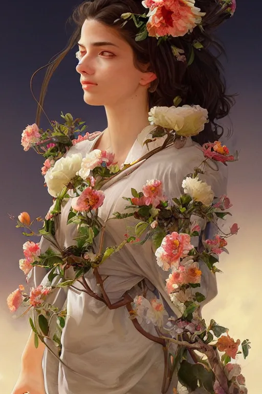 Prompt: ultra realistic illustration, spanish girl with flowers blossoming from helmet, elegant, highly detailed, digital painting, concept art, smooth, sharp focus, illustration, art by artgerm and greg rutkowski and alphonse mucha