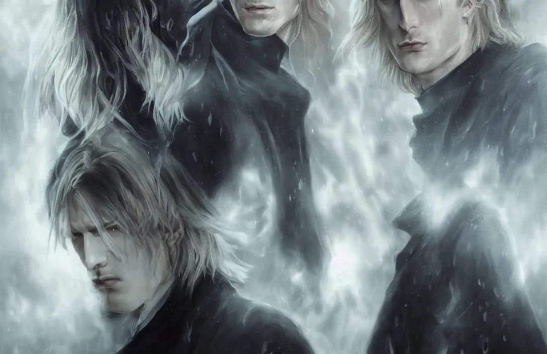 Image similar to a realistic detail portrait of a beautiful johan liebert and his evil alter ego alucard in middle earth, long blond hair, very very very light pale white skin, glowing eyes, clear composition, beautiful long blond hair, raining, mist, magic, dragon, goth by Julian calle, wlop, greg rutkowski, Finnian MacManus, Trending on artstation, black and yellow scheme, 8k, RE Engine