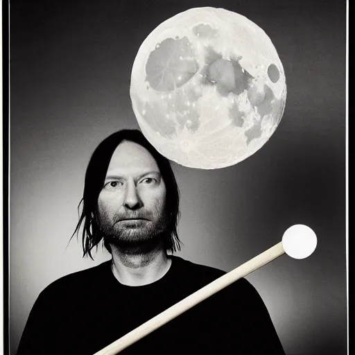 Prompt: Radiohead singer, holding the moon upon a stick, with a beard and a black jacket, a portrait by John E. Berninger, dribble, neo-expressionism, uhd image, studio portrait, 1990s