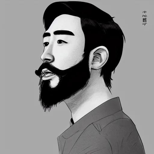 Prompt: of male portrait. creative. asian, inquisitive, bold, beard, sarcastic. contrary. big. high details, photorealistic. artstation trending.