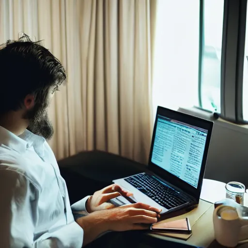 Prompt: Photo of a man alone in the dark on his computer in his hotel room