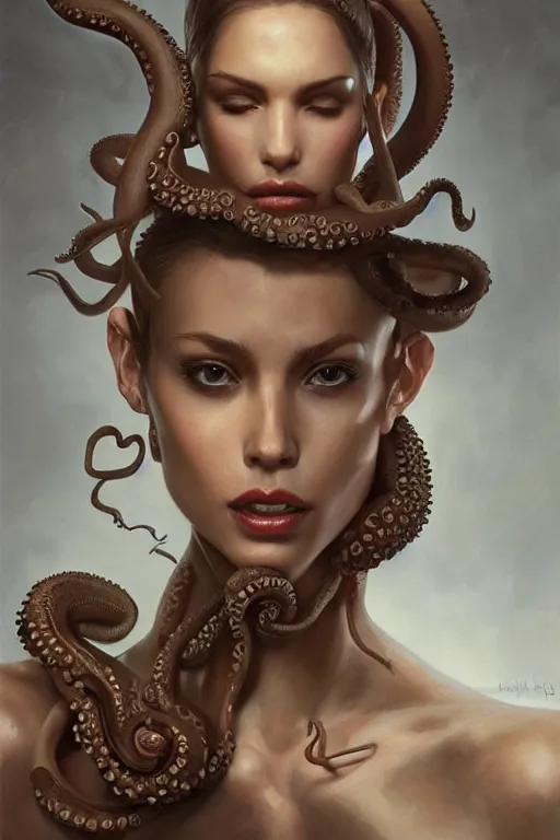 Image similar to a professional painting of a beautiful woman, with an octopus for a tongue, olive skin, long dark hair, beautiful bone structure, symmetrical facial features, intricate, elegant, digital painting, concept art, smooth, sharp focus, illustration, from Metal Gear, by Ruan Jia and Mandy Jurgens and Artgerm and William-Adolphe Bouguerea