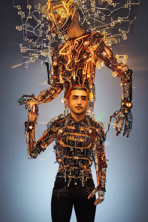 Prompt: full-body bladerunner neon baroque style sculpture of a handsome colombiano Maluma as a half cibernetic android with a chest opening exposing circuitry and electric sparks, glowing laser beam eyes, crown of giant diamonds, flowing neon-colored silk, fabric, raptors. intricate artwork by caravaggio. Trending on artstation, industrial lighting , photorealistic, octane render, 8k, depth of field, 3D