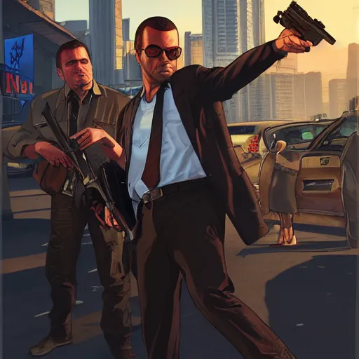 Prompt: GTA5, Cover Art, Grand Theft Auto Poster, James Conn as a secret agent with sunglasses, D&D, fantasy, intricate, elegant, highly detailed, digital painting, artstation, concept art, matte, sharp focus, illustration, hearthstone, art by Artgerm and Greg Rutkowski