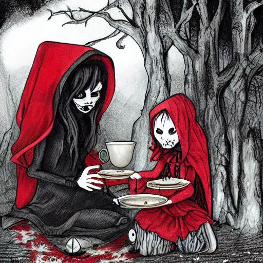 Prompt: haunted fairytale, skeletal little red riding hood having tea with the demon wolf, dramatic devianart