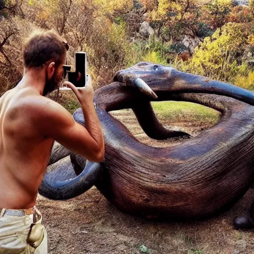 Prompt: “color photo of a Neanderthal with no cloth man taking an iPhone photo of a rusted big mammoth on the grill, National Geographic , anthropology photo”