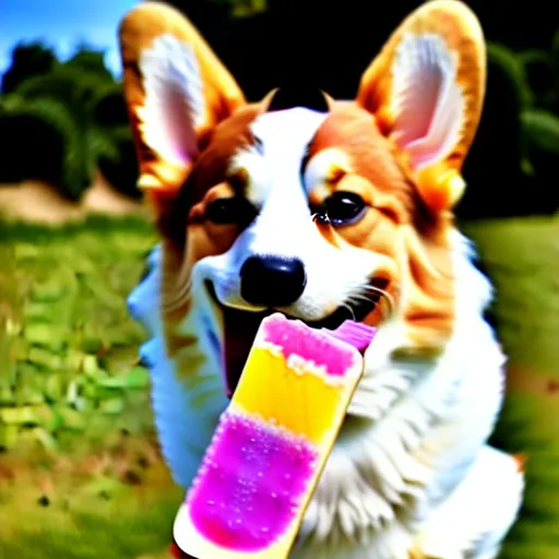 Prompt: a photo of a corgi licking a popsicle