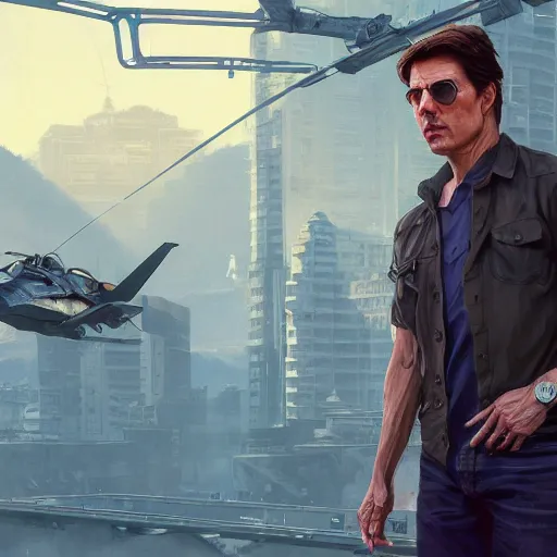 Image similar to highly detailed portrait, tom cruise, in gta v, stephen bliss, unreal engine, fantasy art by greg rutkowski, loish, rhads, ferdinand knab, makoto shinkai and lois van baarle, ilya kuvshinov, rossdraws, tom bagshaw, global illumination, radiant light, detailed and intricate environment