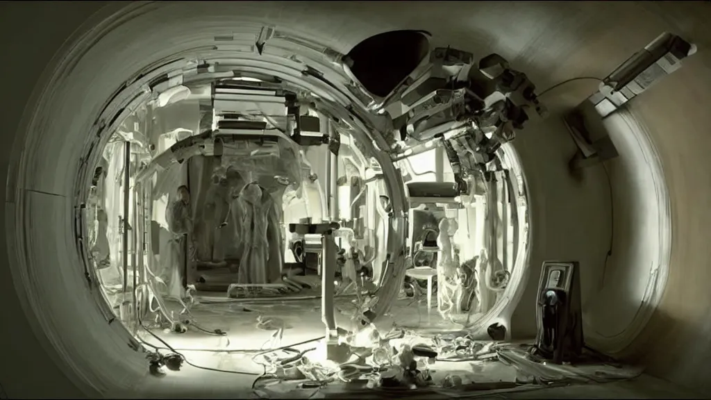 Image similar to an mri image open mri exposed uncovered machine portal in the living room, film still from the movie directed by denis villeneuve with art direction by salvador dali, wide lens