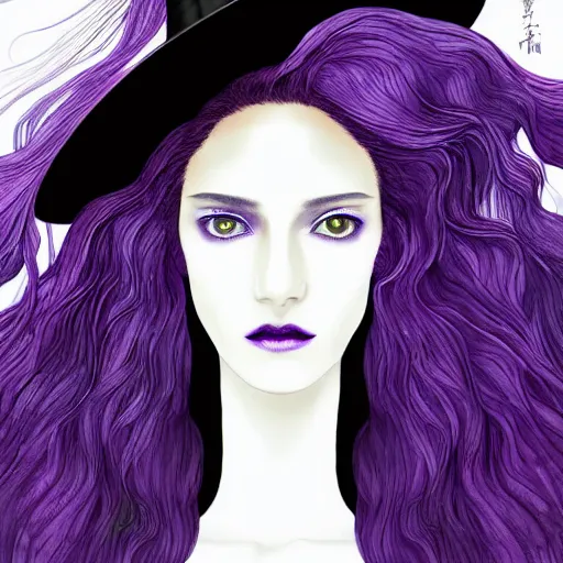 Prompt: a digital copic maker portrait of a beautiful witch with long purple hair, black witch hat, haunting purple irises, detailed features, by balenciaga and issey miyake by ichiro tanida and mitsuo katsui