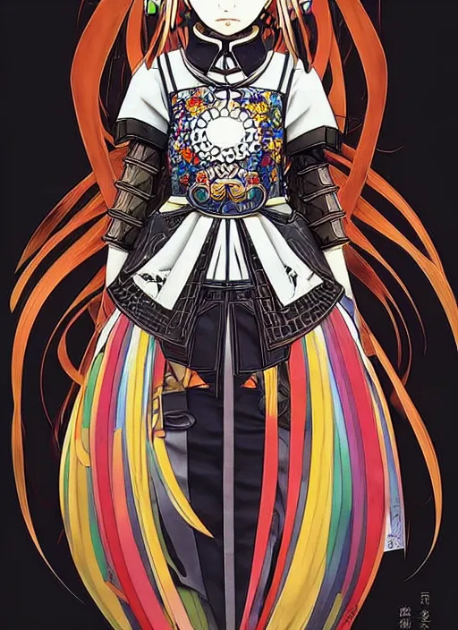 Image similar to takashi murakami, ilya kuvshinov, anime female knight in. ornate armor by, last exile, murata range, fine detail, perfect, dramatic lighting, dynamic composition, art deco, cel shading, vivid, rich texture, alphonse mucha, ( ( ( colorful ) ) ), ( ( ( yoshinari yoh ) ) ),