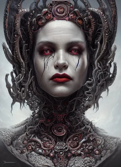 Prompt: a hyper detailed face portrait of the queen of blades, wide eyes, diablo 4 lilith, sideshow figurines, cthulu, by tom bagshaw, artgerm, dorian cleavenger, zdzisław beksinski trending on artstation