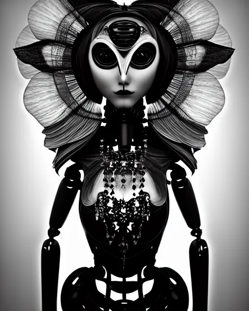 Image similar to surreal mythical dreamy dark artistic black and white fine art 3 / 4 fashion portrait photo of a young beautiful delicate female robot - witch - owl with orchid - doll face, rim light, cinematic, studio dramatic light, poetic, masterpiece, octane render, 8 k, photo - realistic by gustave dore hg giger