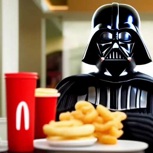 Prompt: A still of Darth Vader eating at McDonalds, 4k, photograph, ultra realistic, highly detailed, professional lighting