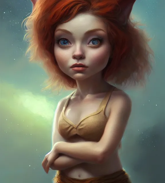 Prompt: cute female gnome, perfect face, beige halter top, auburn hair, abs, cinematic, blush, stunning, elegant, highly detailed, psychedelic, digital painting, artstation, smooth, hard focus, illustration, art by jessica rossier and and brian froud