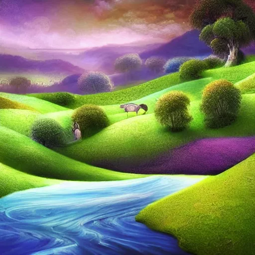 Image similar to A beautiful digital art of of a landscape. It is a stylized and colorful view of an idyllic, dreamlike world with rolling hills, peaceful looking animals, and a flowing river. The scene looks like it could be from another planet, or perhaps a fairy tale. mint, airbrush by Mandy Disher exciting