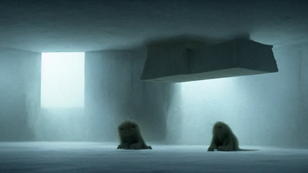 Image similar to a creature hides on the ceiling, film still from the movie directed by Denis Villeneuve with art direction by Zdzisław Beksiński, wide lens