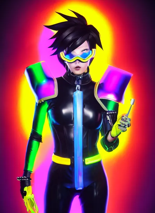 Image similar to full body overwatch style oil painting portrait of tracer overwatch, confident pose, full body, full body, wearing black jagged iridescent rainbow latex armor, rainbow, neon, 4 k, expressive surprised expression, makeup, wearing large rainbow neon choker, studio lighting, acid, trippy, black leather harness, expressive detailed face and eyes,