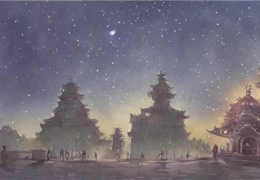 Image similar to a hyperrealist watercolor concept art from a studio ghibli film showing one giant grey alien. a temple is under construction in the background in india on a misty and starry night. by studio ghibli. very dull muted colors