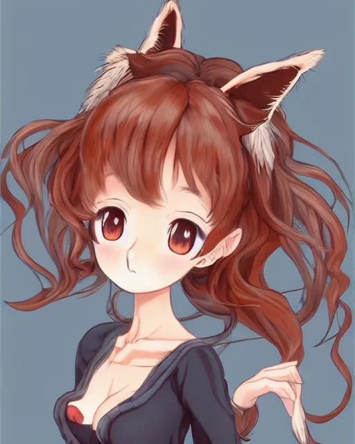 Image similar to A cute frontal fullbody painting of a beautiful anime skinny foxgirl with curly brown colored hair and fox ears on top of her head and wearing a cute red dress looking at the viewer, elegant, delicate, stunning, soft lines, feminine figure, higly detailed, ultraHD, 8k, smooth , pixiv art, cgsociety, artgem, art by Gil Elvgren and charles reid, high quality, digital illustration, concept art, masterpiece