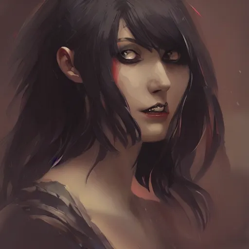 Image similar to female human vampire witch in the style of greg rutkowski, makoto shinkai, trending on artstation, character design, concept art, pretty face, highly detailed, long black hair, portrait, digital art