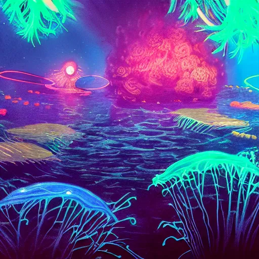 Prompt: an underwater alien ocean, filled with bioluminescence, twirling glowing sea plants, neon colors, and a mystical misty glow, ethereal, detailed