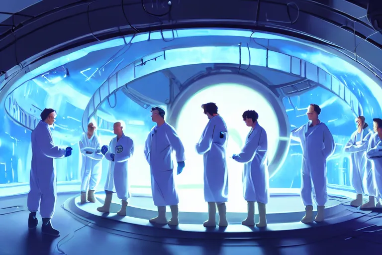 Prompt: oil sci fi painting of a group of scientist working on a time machine stargate portal, energy sparks, plasma, with lab coats, in a futuristic cyber laboratory, octane rendering, trending on artstation, by, studio ghibli, michael whealan and james gurney