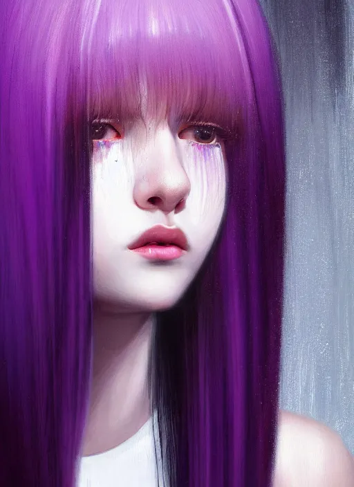 Image similar to hair whitebangs hair, black hair, portrait of teenage girl with white bangs, whitebangsblackhair, messy bangs, curly bangs, whitebangs, red irises, purple clothes, intricate, elegant, glowing lights, highly detailed, digital painting, artstation, concept art, sharp focus, illustration, art by wlop, mars ravelo and greg rutkowski