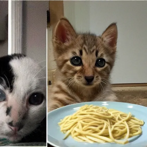 Prompt: a real life kitten and puppy eating pasta like in lady and the tramp 4k top post on reddit