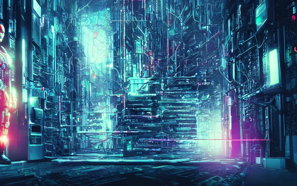 Image similar to cyborg in data center style cyberpunk retrowave william ford gibson high quality photoshot widescreen