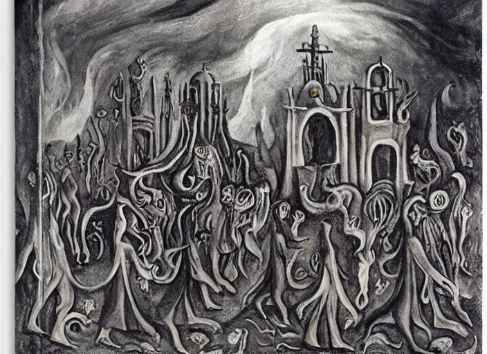 Image similar to a procession of eldritch cultist towards a lovecraftian temple by leonora carrington