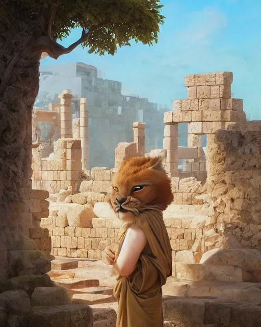 Prompt: fullbody photo of humanoid cute sad fluffy caracal dressed in toga, sun behind him, ancient greek city, sunny day, by ilya kuvshinov, rtx rendering, octane render 1 2 8 k, maya, extreme high intricate details by tom bagshaw, medium shot, composition by sana takeda, lighting by greg rutkowski