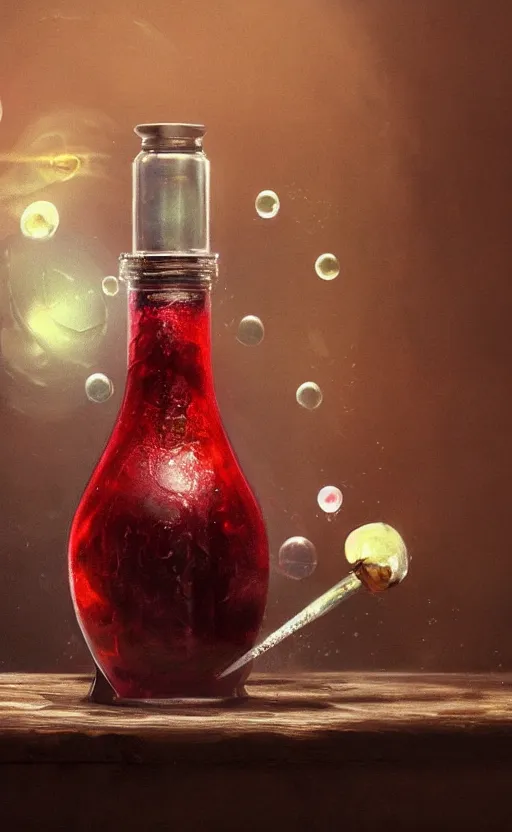 Prompt: a beautiful painting illustration of a stylized health potion on a wooden table, scratched vial, bubbles, crimson, by greg rutkowski, featured on artstation, rpg item