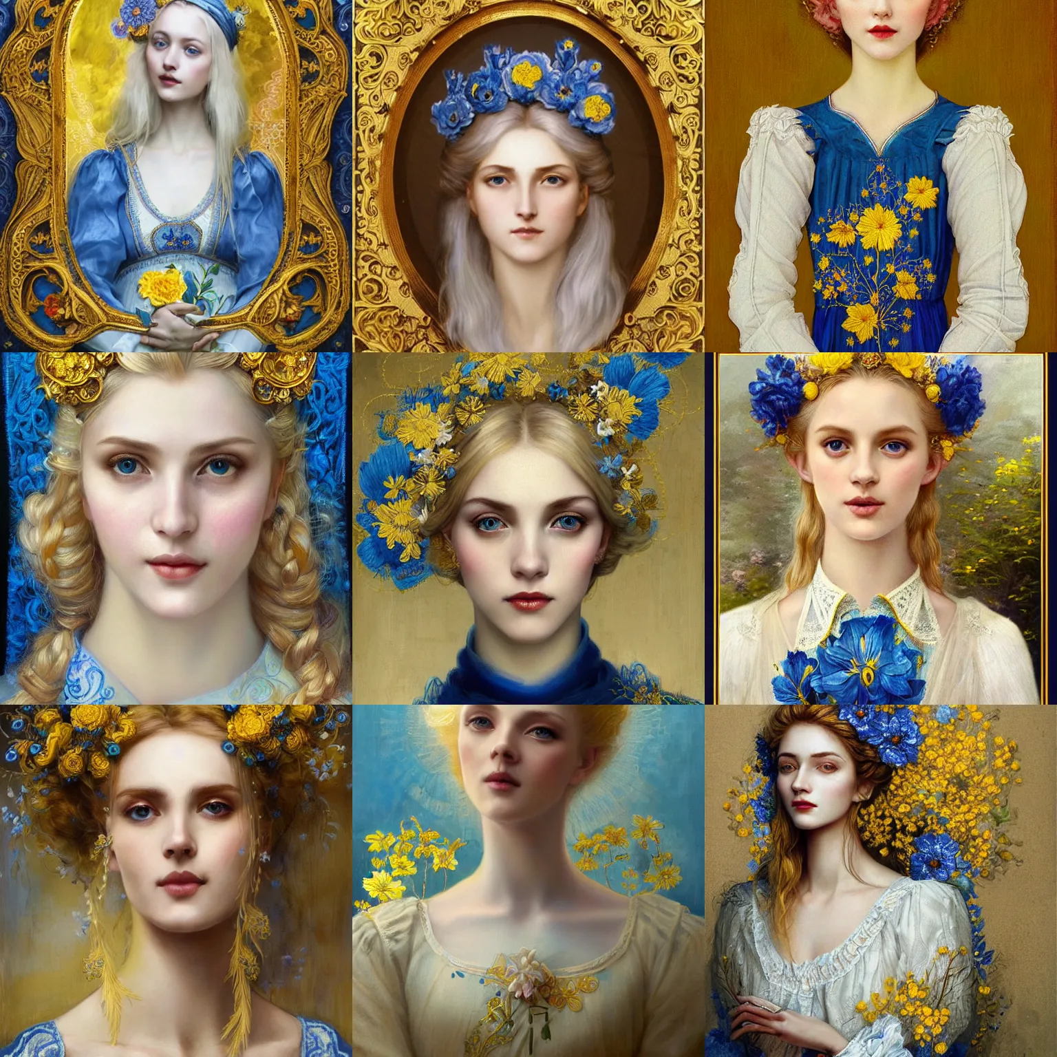 Prompt: blonde lady in white embroidered shirt, ukrainian national costume, filigree crown with blue and yellow textile embroidery flowers, preraphaelite beautiful, playful smile, detailed portrait, intricate complexity, acryl painting in the style of charlie bowater, tom bagshaw, greg rutkowski