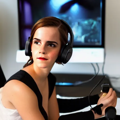 Prompt: emma watson wearing a gaming headset photo sitting on gaming chair dramatic lighting from monitor light from gaming monitor in gaming room holding controller