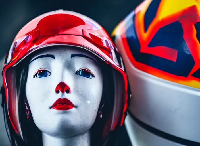 Prompt: extremely beautiful close up portrait photo of a white marble statue of an anime girl with colorful motocross logos and motorcycle helmet with closed visor, colorful smoke in the background, carved marble statue, fine art, neon genesis evangelion, virgil abloh, offwhite, denoise, highly detailed, 8 k, hyperreal