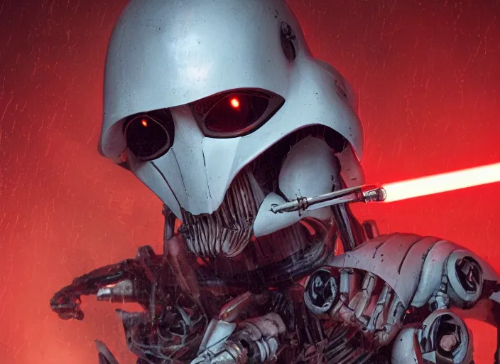 Image similar to 3 5 mm portrait photo of ( general grievous )!! with heavy duty biomechanical cybernetic body with many red lightsabers in the city in the rain. cyberpunk horror in the style of george lucas.