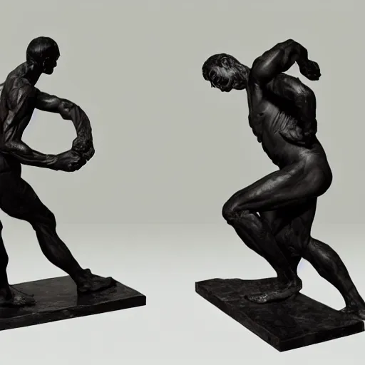 Image similar to a physical sculpture of struggle, two sides of a person by augustus rodin