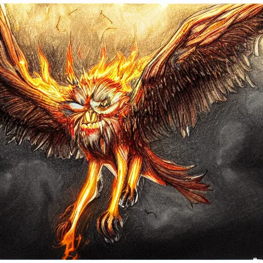 Prompt: A wide shot of griffin in the sky, colorful eyes, glowing eyes, fire, frost, angry, demonic, detailed pencil drawing, fine lines, rustic,