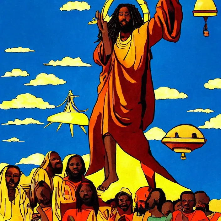 Prompt: UFO hovering over an African Jesus , clouds, colorful, in the style of Nigerian bus art,