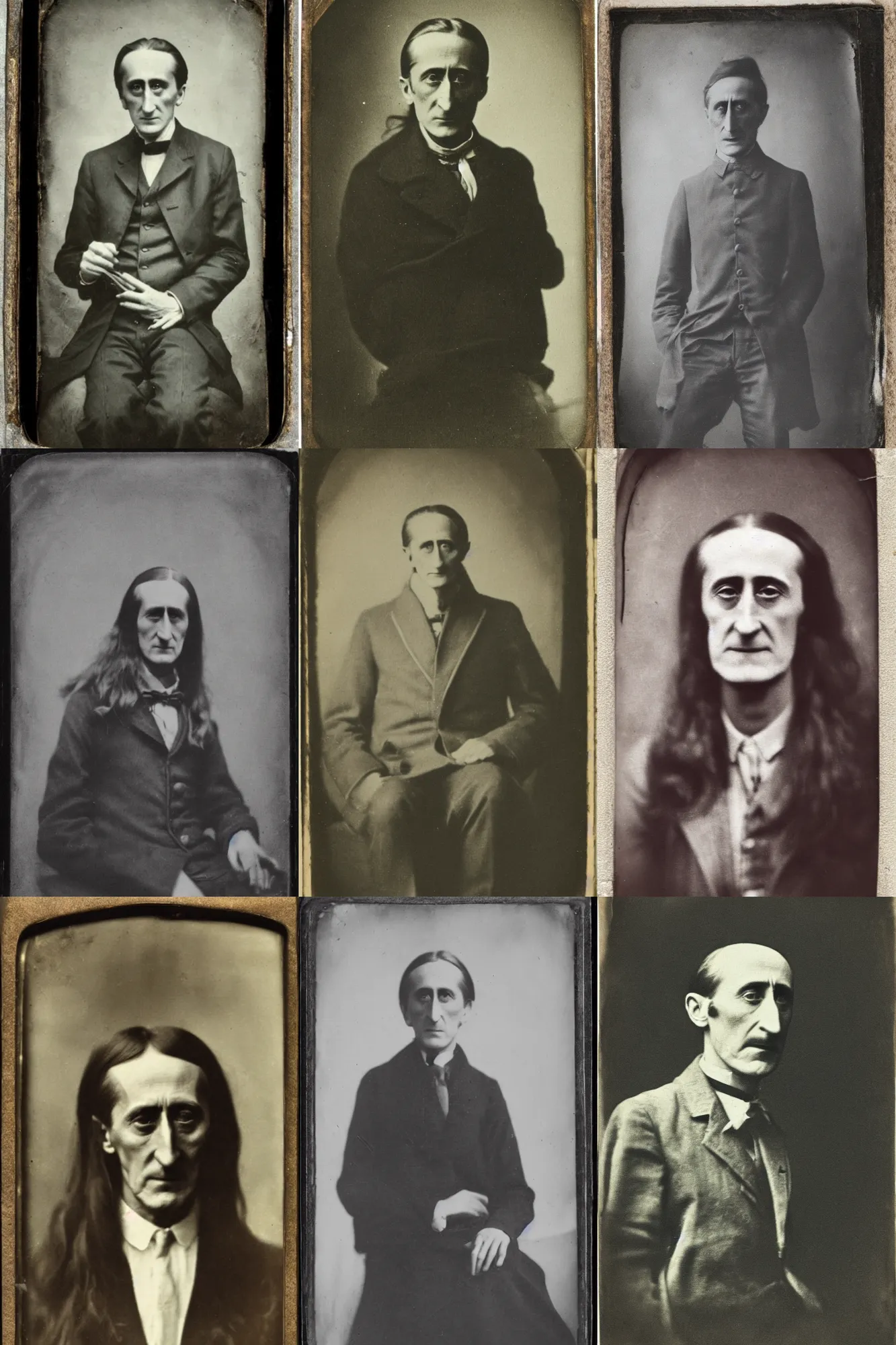 Prompt: an old tintype portrait of Marcel Duchamp with long hair