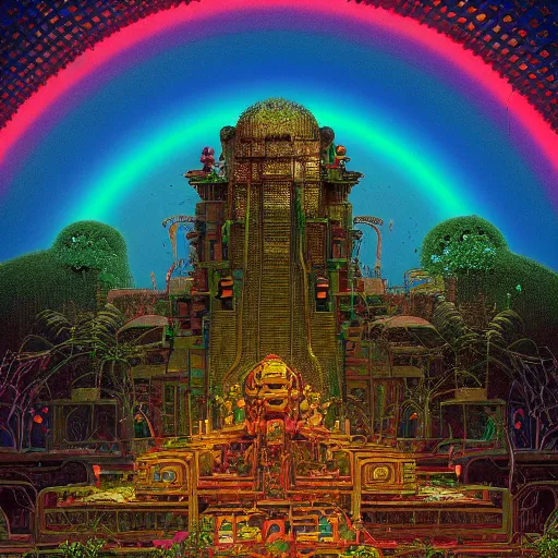 Image similar to overgrown jain temple of death with glowing mayan rainbow skulls, by michael whelan and moebius and beeple and kilian eng and dan mcpharlin and pascal blanche and jamie hewlett and richard dadd, symmetrical, magical stormy reflections, smoke on water, 8 k hi - res, acid, metropolis disco laser rays