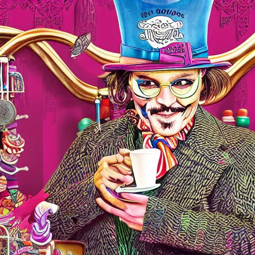 Prompt: Johnny Depp is covered in a blanket and drinking tea in Willy Wonka's Chocolate Factory, Illustration, Colorful, insanely detailed and intricate, super detailed, by Alexis Franklin