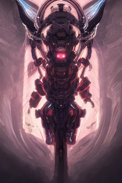 Image similar to asura from chinese myth, ghost, mecha, symmetrical. sci - fi, tech wear, glowing lights, intricate, elegant, highly detailed, digital painting, highly detailed, digital painting, artstation, concept art, smooth, sharp focus, illustration, art by artgerm and greg rutkowski and alphonse mucha