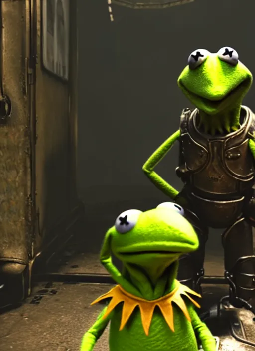 Image similar to kermit the frog in fallout 4, wearing power armor, hq screen shot, octane render, cinematic lighting, sharp detail, 5 k